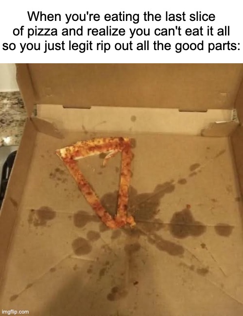 crustful of pizza right there | When you're eating the last slice of pizza and realize you can't eat it all so you just legit rip out all the good parts: | image tagged in empty pizza,memes,pizza,relatable memes,relatable,funny | made w/ Imgflip meme maker