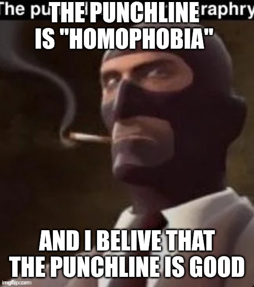 The punchline | THE PUNCHLINE IS "HOMOPHOBIA" AND I BELIVE THAT THE PUNCHLINE IS GOOD | image tagged in the punchline | made w/ Imgflip meme maker