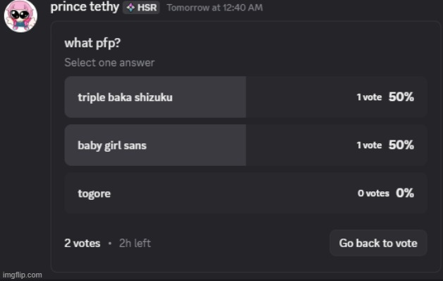 y'all are gonna be tiebreaker on what to make my pfp | made w/ Imgflip meme maker