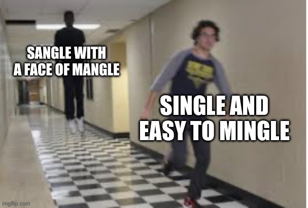 Single and ready to mingle | SANGLE WITH A FACE OF MANGLE; SINGLE AND EASY TO MINGLE | image tagged in running down hallway,mangle | made w/ Imgflip meme maker