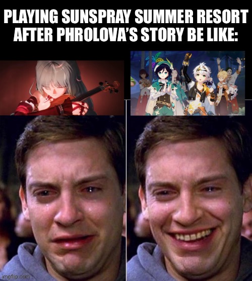 Wuwa/Genshin meme | image tagged in peter parker sad cry happy cry | made w/ Imgflip meme maker