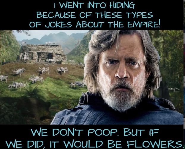 I WENT INTO HIDING BECAUSE OF THESE TYPES OF JOKES ABOUT THE EMPIRE! WE DON'T POOP. BUT IF WE DID, IT WOULD BE FLOWERS. | made w/ Imgflip meme maker