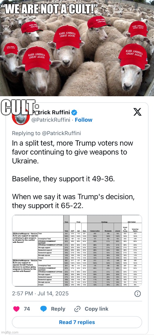 When your opinion is whatever Trump says | “WE ARE NOT A CULT!”; CULT: | image tagged in sheeple,donald trump,maga,cult,conservative logic,conservatives | made w/ Imgflip meme maker