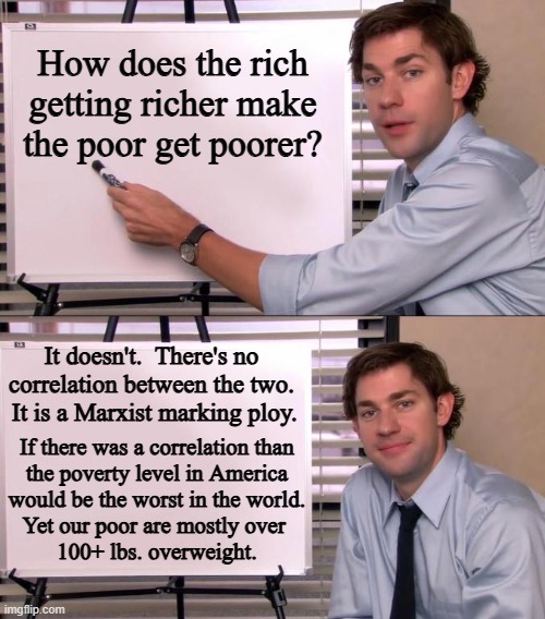 Ironically Marxism actually creates the kind of income inequality its supposed to prevent. | How does the rich getting richer make the poor get poorer? It doesn't.  There's no correlation between the two.  It is a Marxist marking ploy. If there was a correlation than
the poverty level in America
would be the worst in the world.
Yet our poor are mostly over 
100+ lbs. overweight. | image tagged in marxism sucks,socialism sucks,fascism sucks,nazism or national socialism also sucks | made w/ Imgflip meme maker