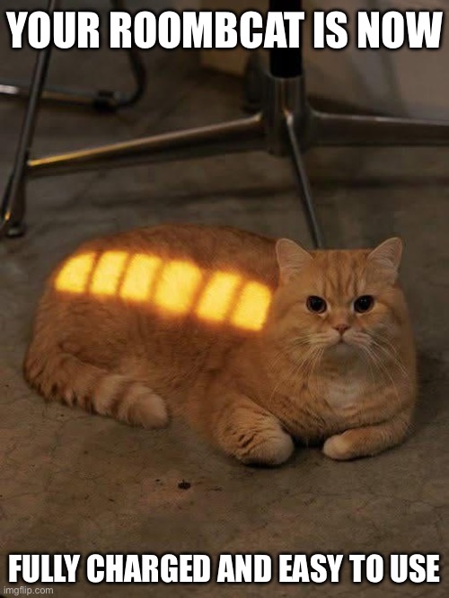 Roombcat | YOUR ROOMBCAT IS NOW; FULLY CHARGED AND EASY TO USE | image tagged in roomba,cat,charger,ready | made w/ Imgflip meme maker
