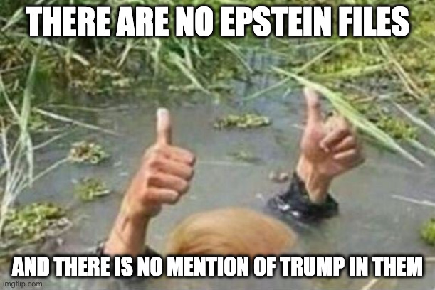 Everything is perfect | THERE ARE NO EPSTEIN FILES; AND THERE IS NO MENTION OF TRUMP IN THEM | image tagged in trump drains the swamp by drinking it,epstein trump,epstein files swamp trump | made w/ Imgflip meme maker
