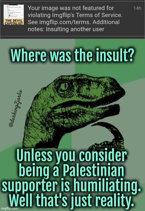 Meme link in comments. Snowflake mods pls tell me where the insult at. | Where was the insult? @darking2jarlie; Unless you consider being a Palestinian supporter is humiliating. Well that's just reality. | image tagged in memes,philosoraptor,palestine,liberals,liberal logic,israel | made w/ Imgflip meme maker