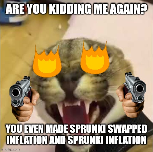 Floppa is very maniac | ARE YOU KIDDING ME AGAIN? YOU EVEN MADE SPRUNKI SWAPPED INFLATION AND SPRUNKI INFLATION | image tagged in angry floppa | made w/ Imgflip meme maker