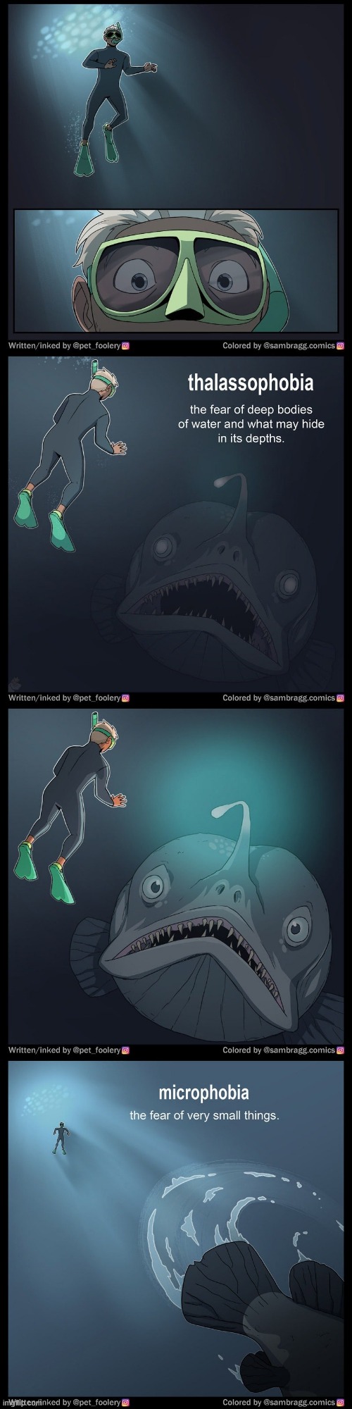 image tagged in diver,ocean,thalassophobia,anglerfish,microphobia,phobias | made w/ Imgflip meme maker