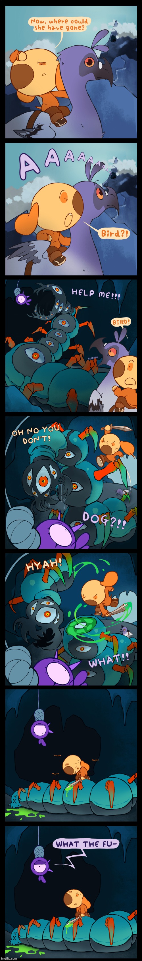 image tagged in dog,bird,monster,sword,rescue,what the fu- | made w/ Imgflip meme maker