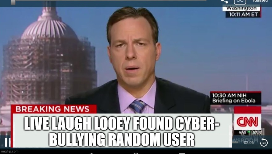 LIVE LAUGH LOOEY FOUND CYBER-
BULLYING RANDOM USER | image tagged in cnn breaking news template | made w/ Imgflip meme maker