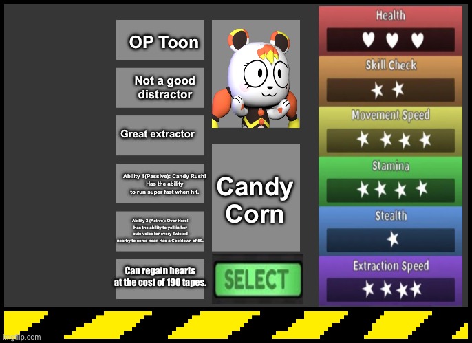 Candy Corn if she was a Toon :3 (Just a random idea I came up with lol) | OP Toon; Not a good distractor; Great extractor; Ability 1(Passive): Candy Rush!
Has the ability to run super fast when hit. Candy Corn; Ability 2 (Active): Over Here!
Has the ability to yell in her cute voice for every Twisted nearby to come near. Has a Cooldown of 50. Can regain hearts at the cost of 190 tapes. | image tagged in dandy's world oc creator | made w/ Imgflip meme maker