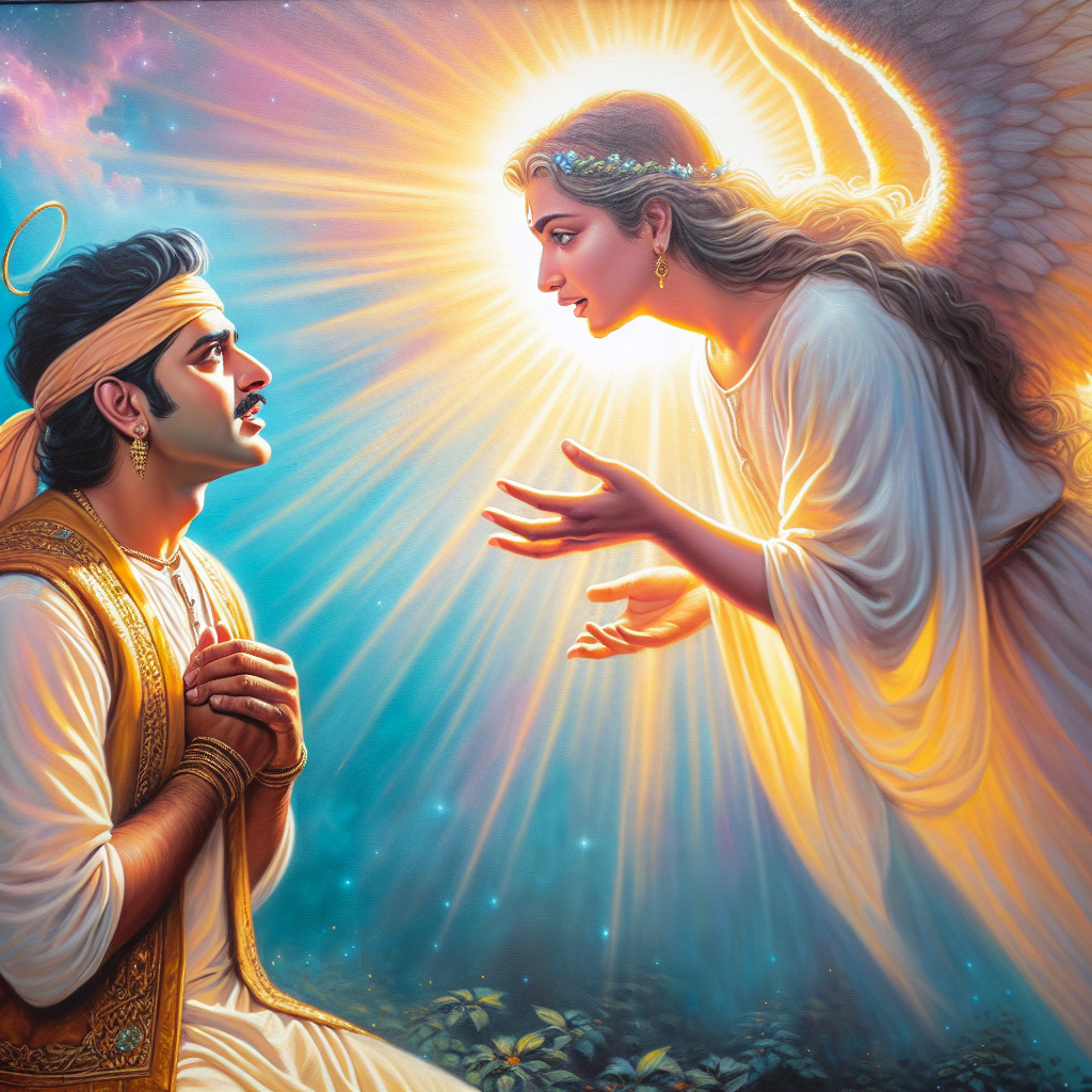 A man conversing with angelic messenger, continues. Blank Meme Template