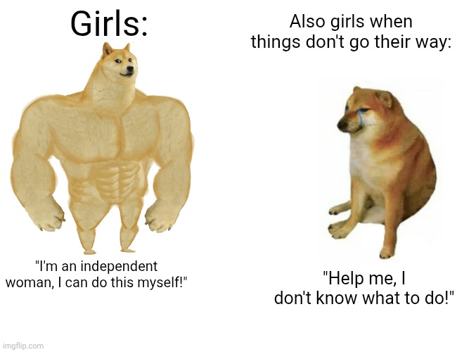 Buff Doge vs. Cheems | Also girls when things don't go their way:; Girls:; "Help me, I don't know what to do!"; "I'm an independent woman, I can do this myself!" | image tagged in memes,buff doge vs cheems,funny memes | made w/ Imgflip meme maker