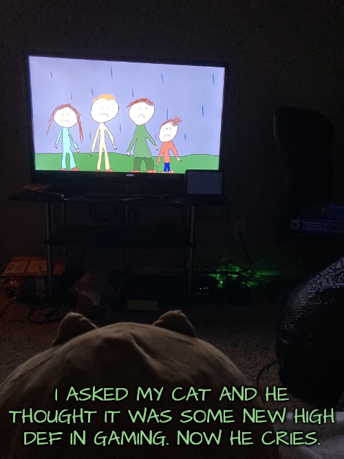 Cat watching TV | I ASKED MY CAT AND HE THOUGHT IT WAS SOME NEW HIGH DEF IN GAMING. NOW HE CRIES. | image tagged in cat watching tv | made w/ Imgflip meme maker