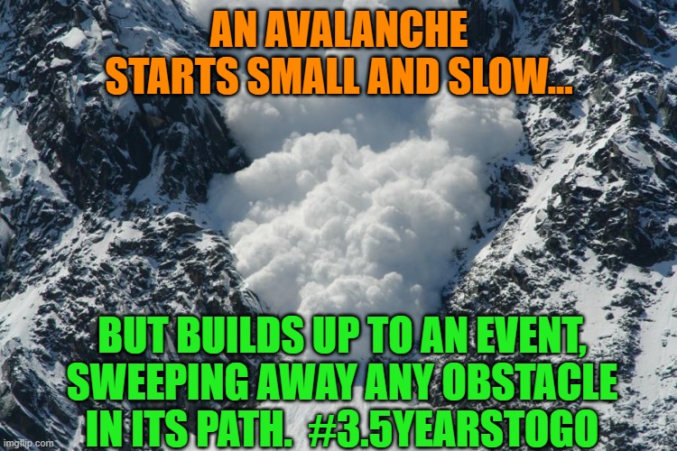 avalanche | AN AVALANCHE STARTS SMALL AND SLOW... BUT BUILDS UP TO AN EVENT, SWEEPING AWAY ANY OBSTACLE IN ITS PATH.  #3.5YEARSTOGO | image tagged in avalanche | made w/ Imgflip meme maker