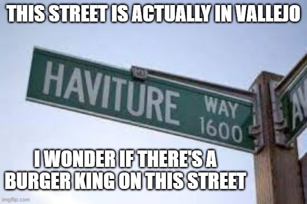 Haviture Way street sign. I wonder if there is a Burger King on this street. | THIS STREET IS ACTUALLY IN VALLEJO; I WONDER IF THERE'S A BURGER KING ON THIS STREET | image tagged in funny,street signs,funny street signs,burger king,toilet humor,play on words | made w/ Imgflip meme maker
