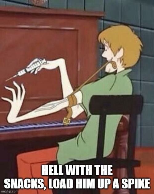 Shaggy Addict | HELL WITH THE SNACKS, LOAD HIM UP A SPIKE | image tagged in cartoons,dark humor | made w/ Imgflip meme maker
