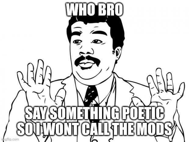 Watch out guys, We got us a badass over here | WHO BRO SAY SOMETHING POETIC SO I WONT CALL THE MODS | image tagged in watch out guys we got us a badass over here | made w/ Imgflip meme maker
