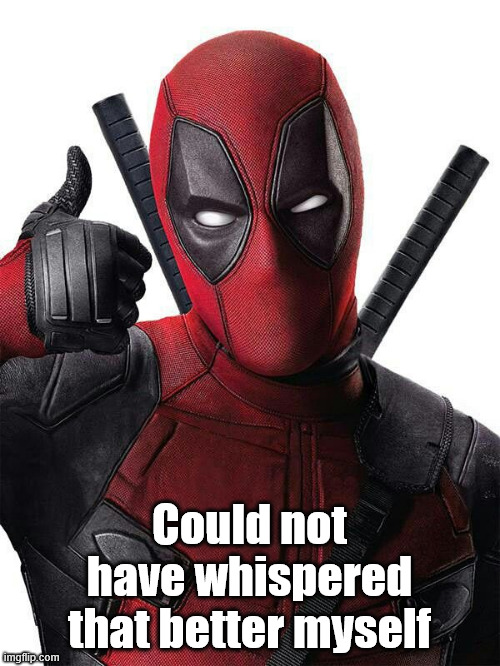 Deadpool thumbs up | Could not have whispered that better myself | image tagged in deadpool thumbs up | made w/ Imgflip meme maker