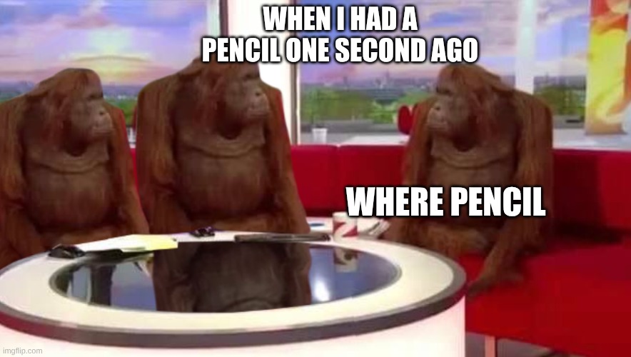where monkey | WHEN I HAD A PENCIL ONE SECOND AGO; WHERE PENCIL | image tagged in where monkey | made w/ Imgflip meme maker
