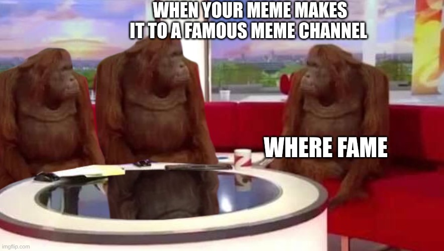 where monkey | WHEN YOUR MEME MAKES IT TO A FAMOUS MEME CHANNEL; WHERE FAME | image tagged in where monkey | made w/ Imgflip meme maker
