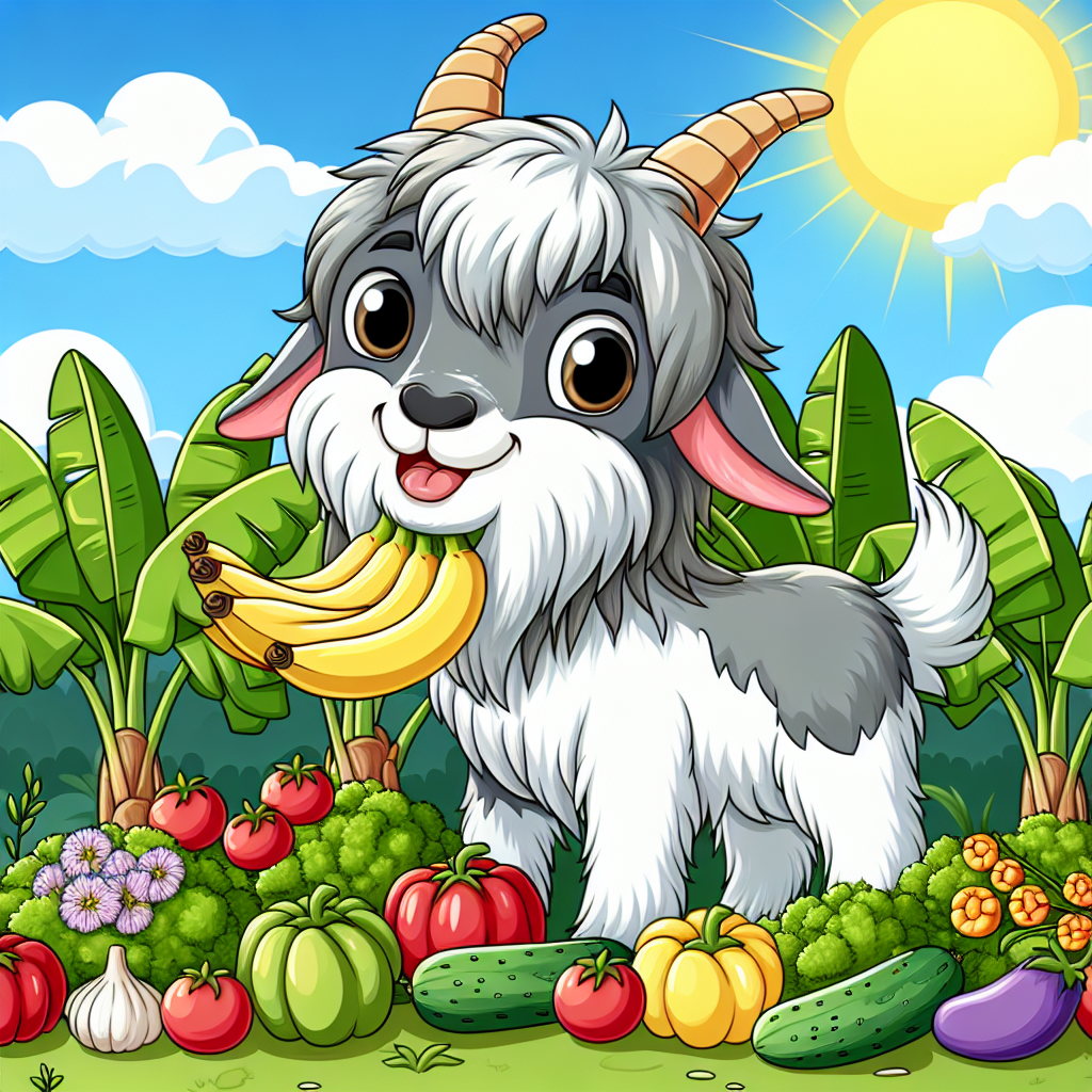 a goat chewing on a garden with banana plants and vegetables Blank Meme Template