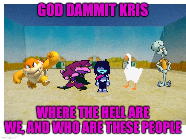 GOD DAMMIT KRIS; WHERE THE HELL ARE WE, AND WHO ARE THESE PEOPLE | image tagged in deltarune,squid game,untitled goose game,squidward,mario | made w/ Imgflip meme maker