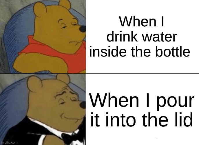 Tuxedo Winnie The Pooh | When I drink water inside the bottle; When I pour it into the lid | image tagged in memes,tuxedo winnie the pooh | made w/ Imgflip meme maker