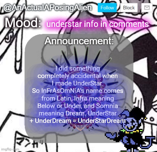 Lettie and Marx are cooked | understar info in comments; I did something completely accidental when I made UnderStar 
So InFrAsOmNiA's name comes from Latin, Infra meaning Below or Under, and Somnia meaning Dream. UnderStar + UnderDream = UnderStarDream | image tagged in anactualaposingalien announce template by interactionsystem | made w/ Imgflip meme maker
