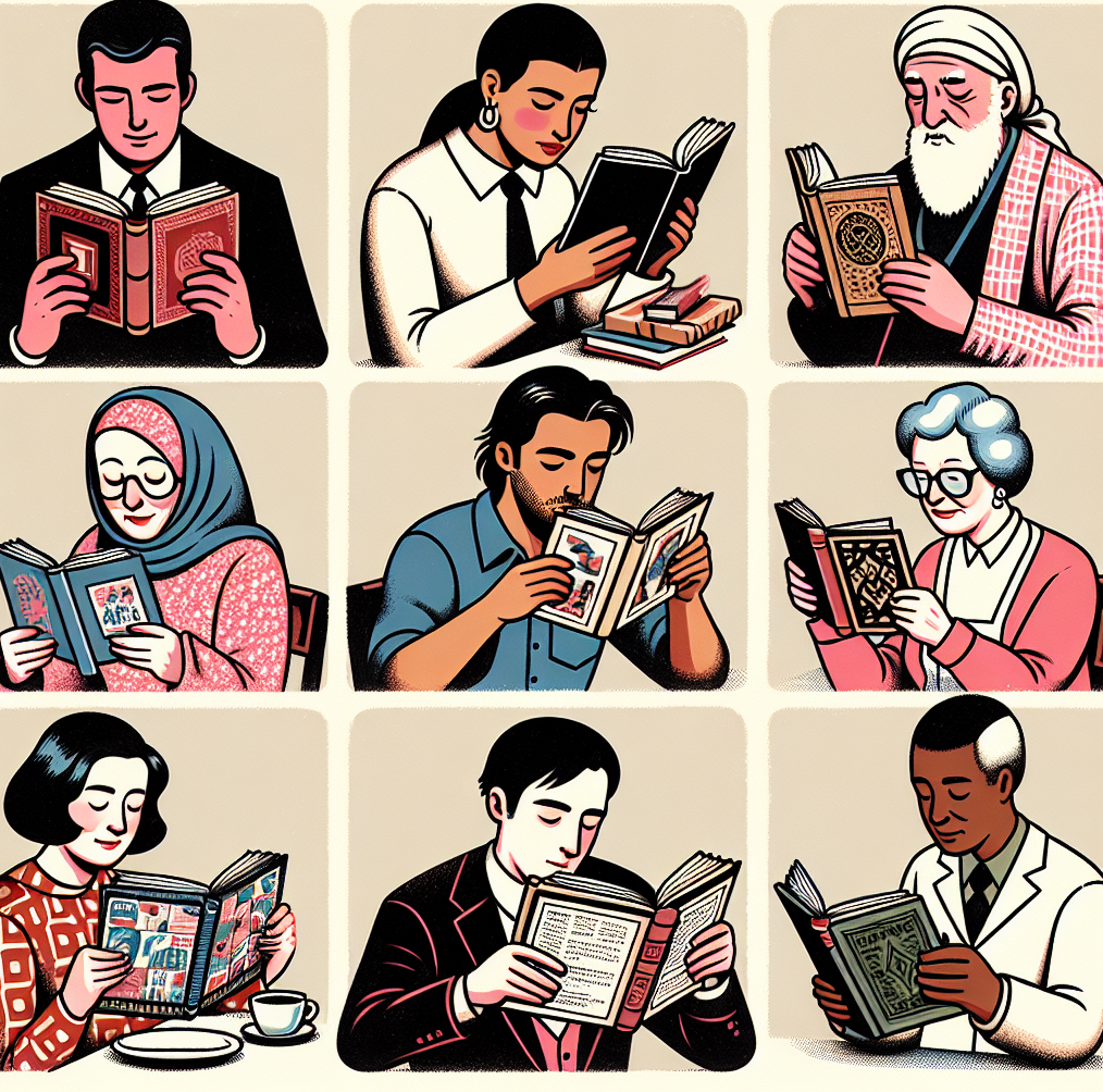 varias personas en mesas separadas con distintos libros Blank Meme Template