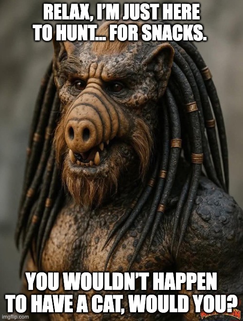 Alf the Predator | RELAX, I’M JUST HERE TO HUNT… FOR SNACKS. YOU WOULDN’T HAPPEN TO HAVE A CAT, WOULD YOU? | image tagged in alf,predator,alien | made w/ Imgflip meme maker