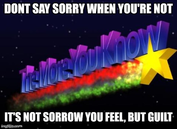 the more you know | DONT SAY SORRY WHEN YOU'RE NOT; IT'S NOT SORROW YOU FEEL, BUT GUILT | image tagged in the more you know | made w/ Imgflip meme maker