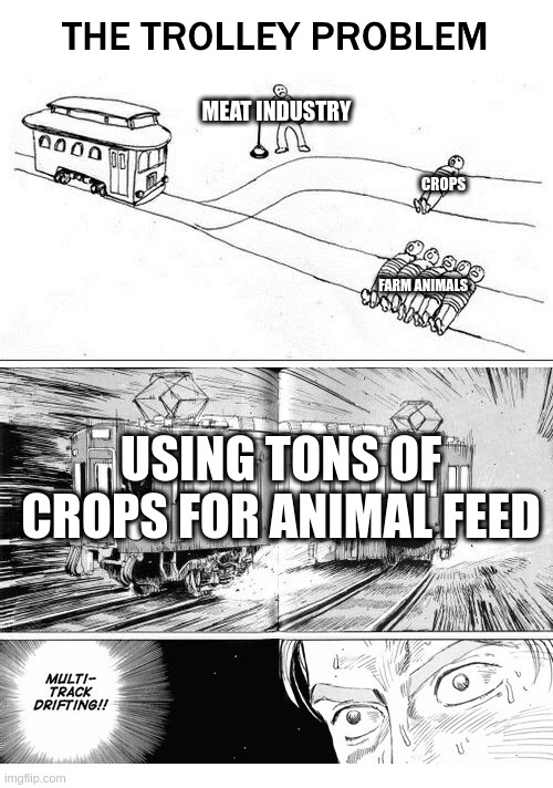 Why have the enviornmental issues of one, when you can have both? | MEAT INDUSTRY; CROPS; FARM ANIMALS; USING TONS OF CROPS FOR ANIMAL FEED | image tagged in trolly problem,environment,animal rights,plants,capitalism,memes | made w/ Imgflip meme maker