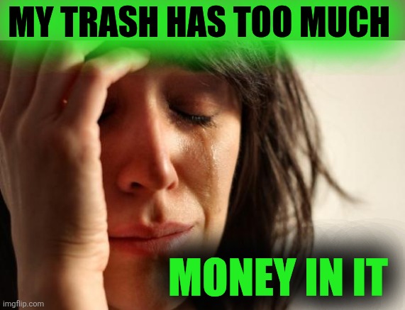 First World Problems Meme | MY TRASH HAS TOO MUCH MONEY IN IT | image tagged in memes,first world problems | made w/ Imgflip meme maker