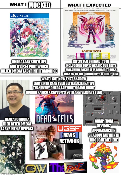 What I Watched/ What I Expected/ What I Got | MOCKED; OMEGA LABYRINTH LIFE AND ITS PS4 PORT WHICH KILLED OMEGA LABYRINTH FRANCHISE; EXPECT MAI SHIRANUI TO BE INCLUDED IN TOP 10 ARABIC DUB EDITS MASAHIRO SAKURAI IS AFRAID TO DISS THANKS TO THE "GOOD BOYS & GIRLS" LINE; WHAT I GOT NOW THAT SHADOW LABYRINTH IS AN EVEN BETTER ALTERNATIVE THAN EVERY OMEGA LABYRINTH GAME RIGHT DURING NAMCO X CAPCOM'S 20TH ANNIVERSARY YEAR; GAMP FROM XEVIOUS' APPEARANCE IN SHADOW LABYRINTH BROUGHT ME HERE; KENTARO MIURA DIED AFTER OMEGA LABYRINTH'S RELEASE; NEWS NETWORK | image tagged in what i watched/ what i expected/ what i got,namco x capcom,omega labyrinth,dead cells,mai shiranui,expand dong | made w/ Imgflip meme maker