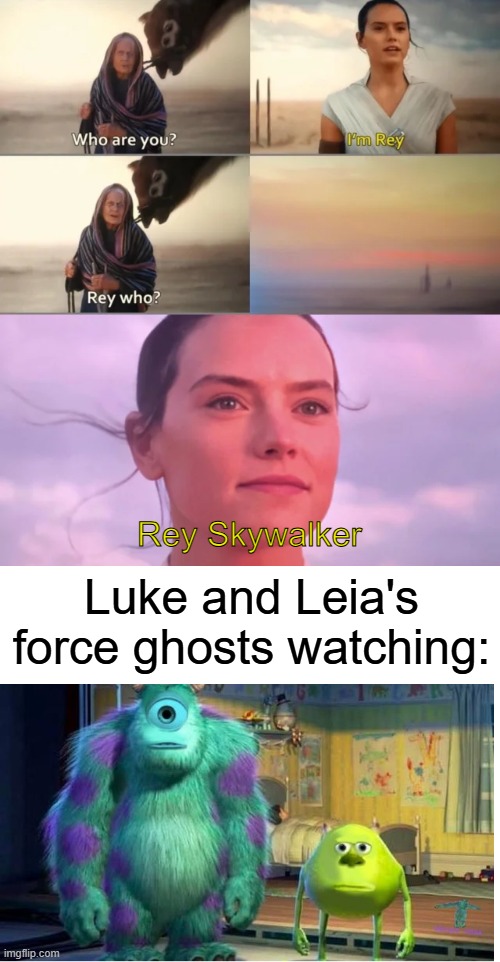"No, you're not a Skywalker!" | Rey Skywalker; Luke and Leia's force ghosts watching: | image tagged in rey who,star wars,memes,funny | made w/ Imgflip meme maker