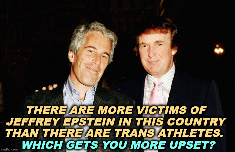 Hey there, good buddy. | THERE ARE MORE VICTIMS OF JEFFREY EPSTEIN IN THIS COUNTRY THAN THERE ARE TRANS ATHLETES. WHICH GETS YOU MORE UPSET? | image tagged in trump and jeffrey epstein partners for 15 years,trump,jeffrey epstein,girls,children,groom | made w/ Imgflip meme maker