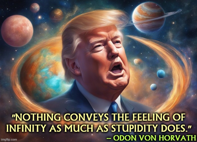 ∞ | "NOTHING CONVEYS THE FEELING OF INFINITY AS MUCH AS STUPIDITY DOES."; -- ODON VON HORVATH | image tagged in trump,infinite,stupidity,dumb,idiot,fool | made w/ Imgflip meme maker