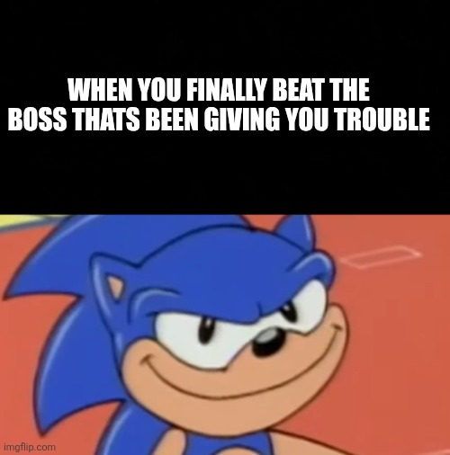 Smug Sonic | WHEN YOU FINALLY BEAT THE BOSS THATS BEEN GIVING YOU TROUBLE | image tagged in smug sonic | made w/ Imgflip meme maker