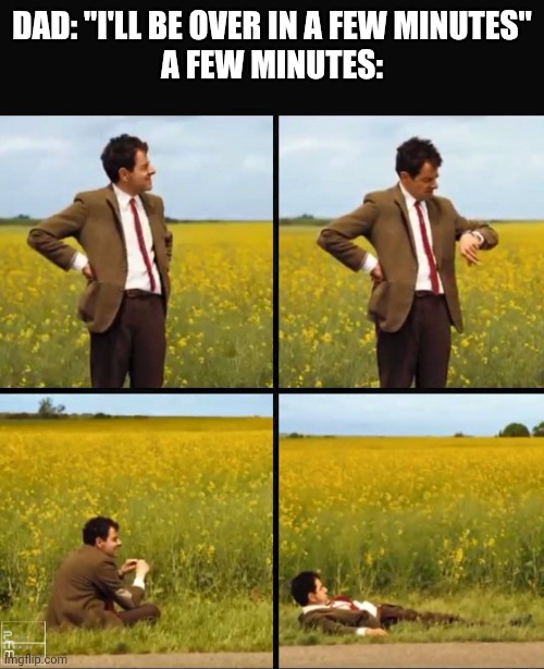 20 isn't a few ?‍ | DAD: "I'LL BE OVER IN A FEW MINUTES"
A FEW MINUTES: | image tagged in mr bean waiting | made w/ Imgflip meme maker