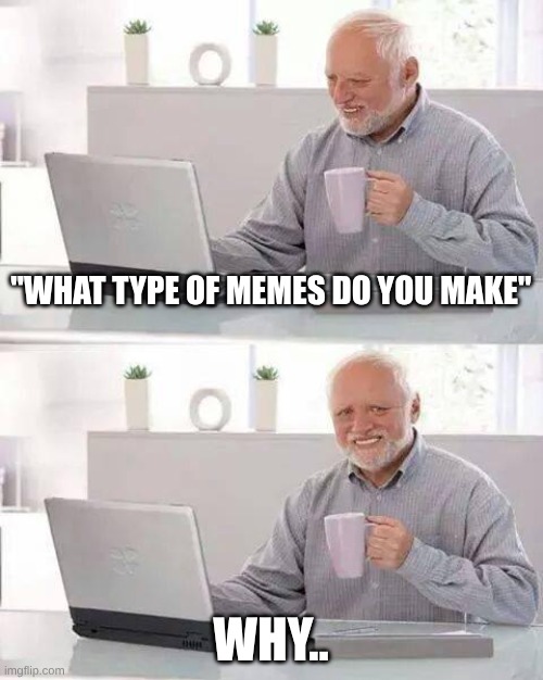 Reading comments | "WHAT TYPE OF MEMES DO YOU MAKE"; WHY.. | image tagged in memes,hide the pain harold | made w/ Imgflip meme maker