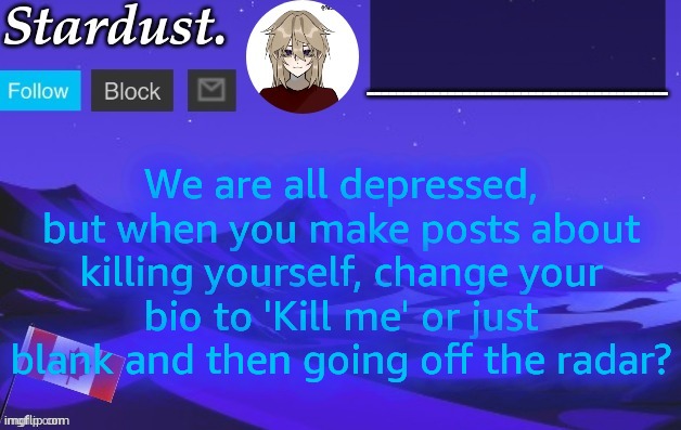 Also, when I text Geta, he barely replies now | We are all depressed, but when you make posts about killing yourself, change your bio to 'Kill me' or just blank and then going off the radar? | image tagged in stardust temp 3 | made w/ Imgflip meme maker