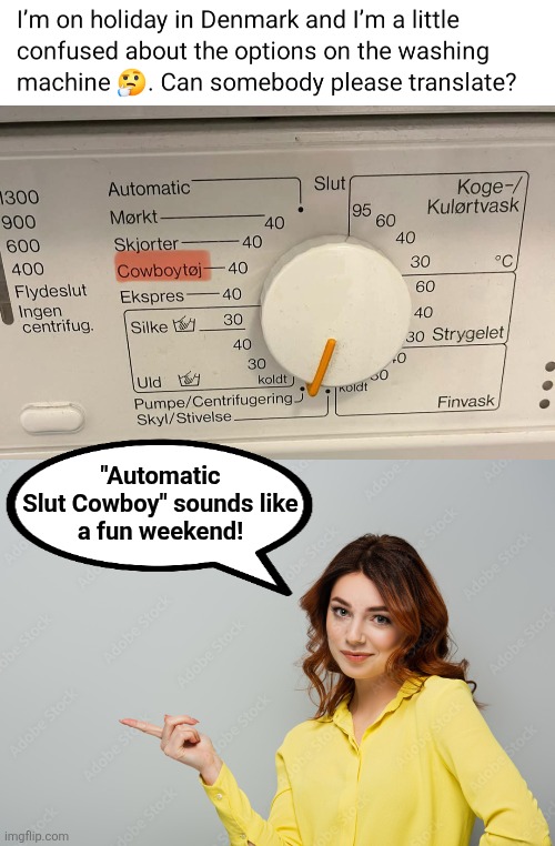 Please help! | "Automatic
Slut Cowboy" sounds like
a fun weekend! | image tagged in memes,denmark,washing machine,translate,fun weekend,cowboy | made w/ Imgflip meme maker
