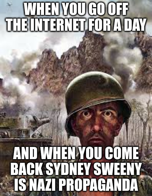 Thousand Yard Stare | WHEN YOU GO OFF THE INTERNET FOR A DAY; AND WHEN YOU COME BACK SYDNEY SWEENY IS NAZI PROPAGANDA | image tagged in thousand yard stare | made w/ Imgflip meme maker