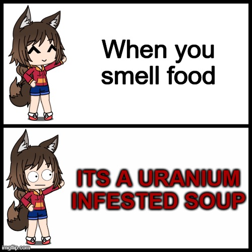 uranium soup | When you smell food; ITS A URANIUM INFESTED SOUP | image tagged in gacha wtf | made w/ Imgflip meme maker