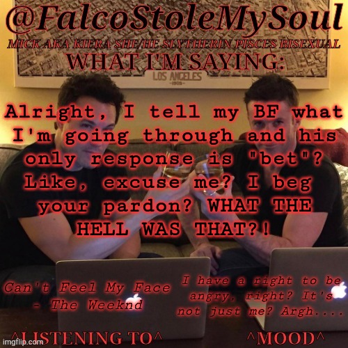 There Are Literally 13 Year Olds More Mature Than This Guy | Alright, I tell my BF what
I'm going through and his
only response is "bet"?
Like, excuse me? I beg 
your pardon? WHAT THE
HELL WAS THAT?! Can't Feel My Face
- The Weeknd; I have a right to be
angry, right? It's
not just me? Argh.... | image tagged in fsms haydn-fergus cheers,officially,at this point,he can burn in hell,thats right i said it,fuck you and fuck off | made w/ Imgflip meme maker