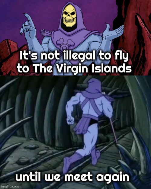 I smell another Nothing Burger cooking | It's not illegal to fly
to The Virgin Islands; until we meet again | image tagged in skeletor until we meet again,president trump,jeffrey epstein,sorry not sorry,much ado about nothing,disappointment | made w/ Imgflip meme maker