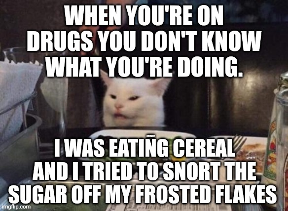 Smudge that darn cat | WHEN YOU'RE ON DRUGS YOU DON'T KNOW WHAT YOU'RE DOING. I WAS EATING CEREAL AND I TRIED TO SNORT THE SUGAR OFF MY FROSTED FLAKES | image tagged in smudge that darn cat | made w/ Imgflip meme maker