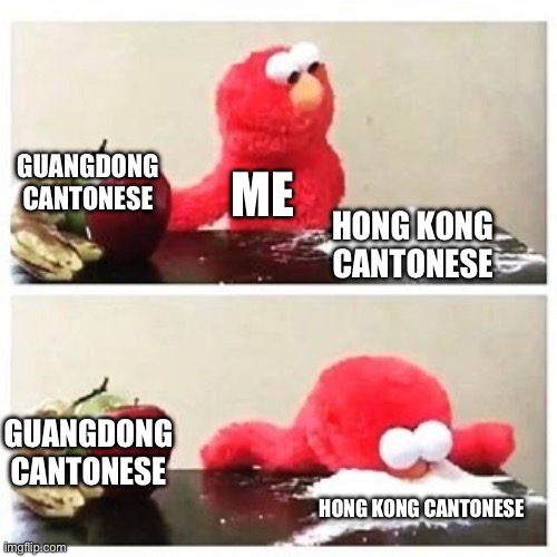 Learning Hong Kong Cantonese… What could go wrong? | GUANGDONG CANTONESE; ME; HONG KONG CANTONESE; GUANGDONG CANTONESE; HONG KONG CANTONESE | image tagged in elmo cocaine,cantonese,hong kong,guangdong,guangzhou | made w/ Imgflip meme maker